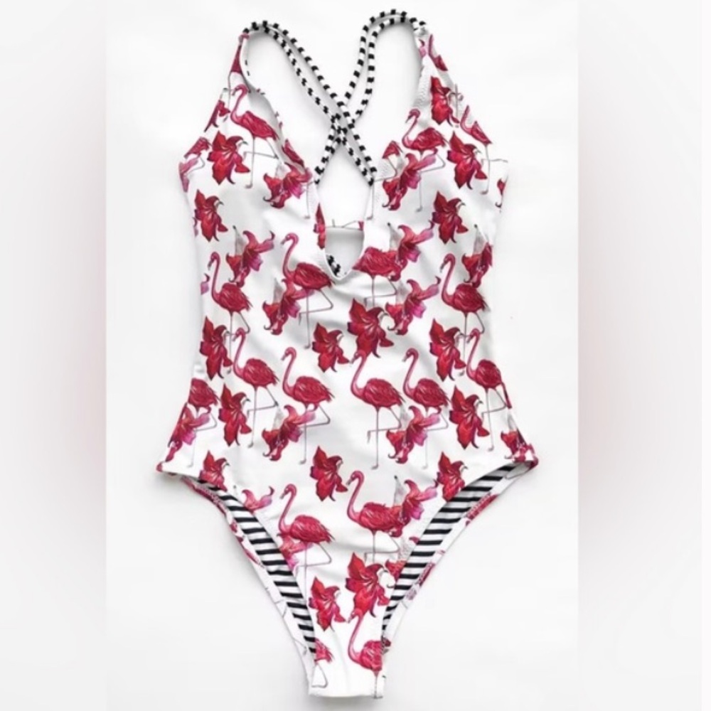 Cupshe | One Piece Swimsuit Flamingo Floral Stripes Print Crossed Straps